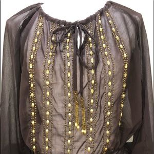 Kay Celine long sleeve beaded drawstring neck top blouse